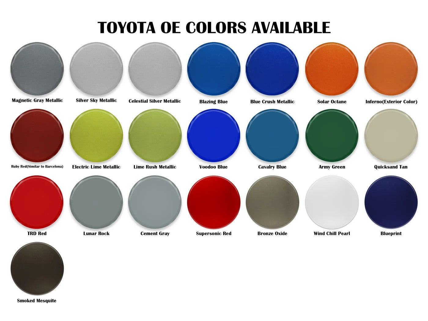 Toyota OE color options for tailgate letter inserts, featuring a wide range of shades to match 2016-2023 Toyota Tacoma models.