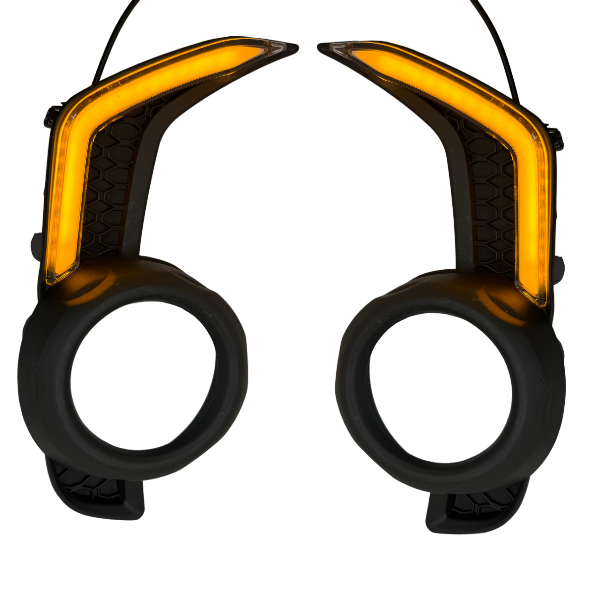 A pair of modern, black over-ear headphones with glowing Aspire Auto Accessories LED DRL Fog Light Fang Bezel Kit accents on the ear cups, isolated on a black background.