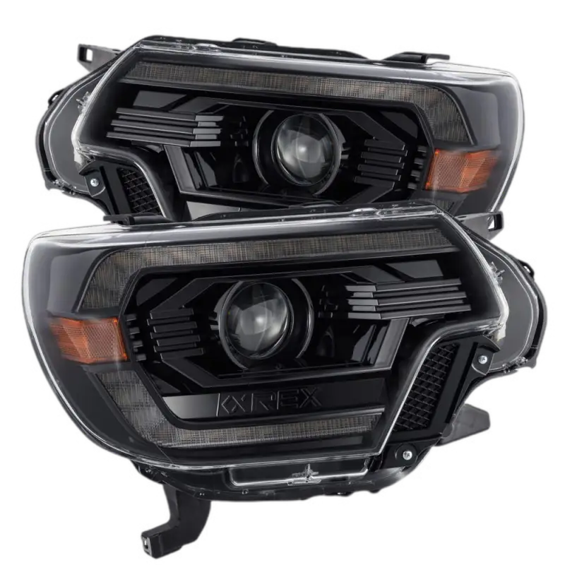 AlphaRex LUXX-Series LED projector headlights for Toyota Tacoma (2012-2015) with a sleek black housing and amber accents.