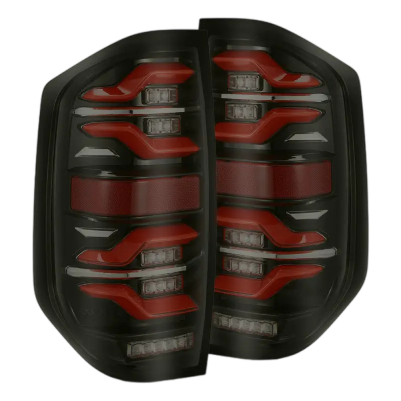 AlphaRex LUXX-Series LED tail lights for Toyota Tundra 2014-2021 with black housing and bold red accents, offering a stylish and durable upgrade.