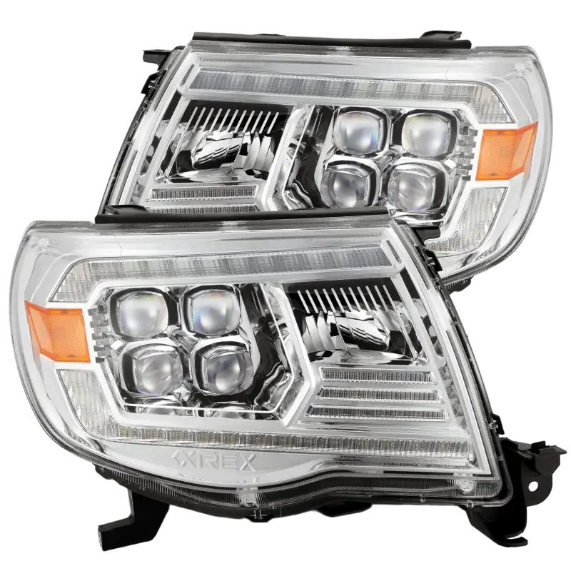AlphaRex NOVA-Series projector headlights with chrome housing and quad LED projectors for Toyota Tacoma (2005-2011).