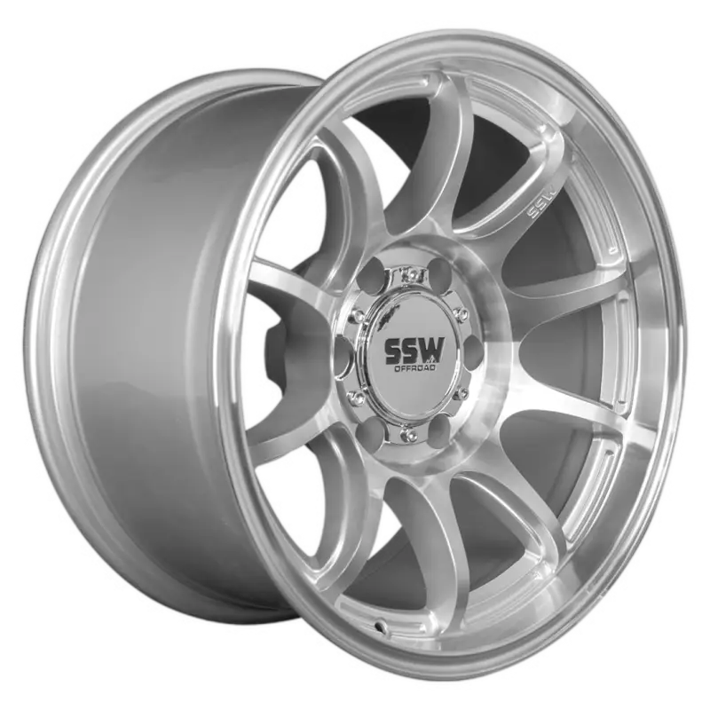 Side view of APEX machined silver wheel, 17x9 size, showcasing its polished finish, deep lip, and SSW Off-Road branding on the center cap.