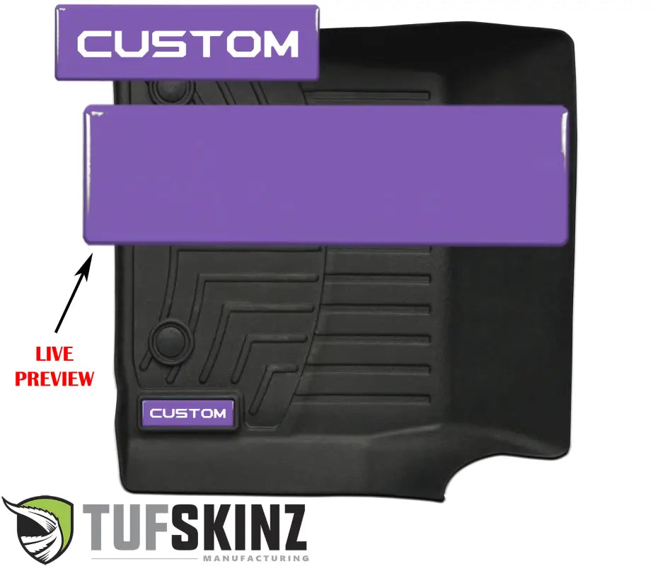 Customizable purple badge inserts for WeatherTech floor mats, featuring a live preview for personalized text options.