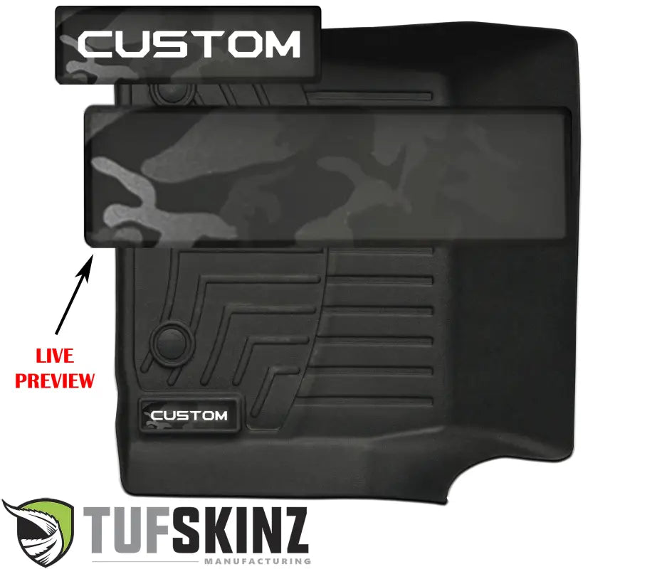 Customizable camouflage badge inserts for WeatherTech floor mats, featuring a live preview for personalized text options.