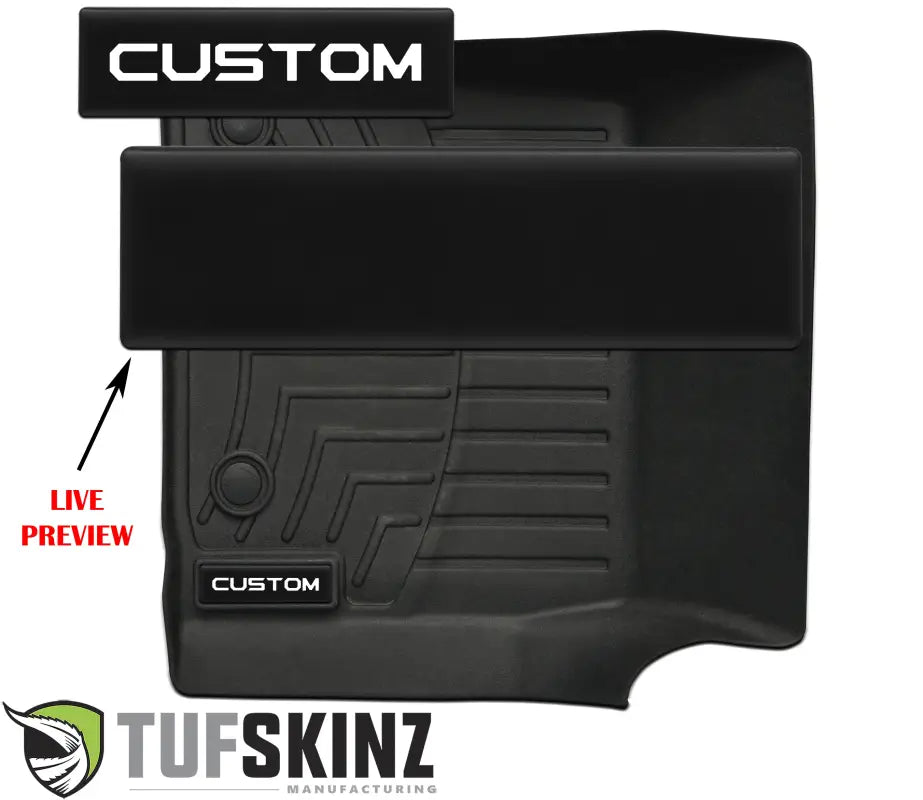 Customizable matte black badge inserts for WeatherTech floor mats, featuring a live preview for personalized text options.