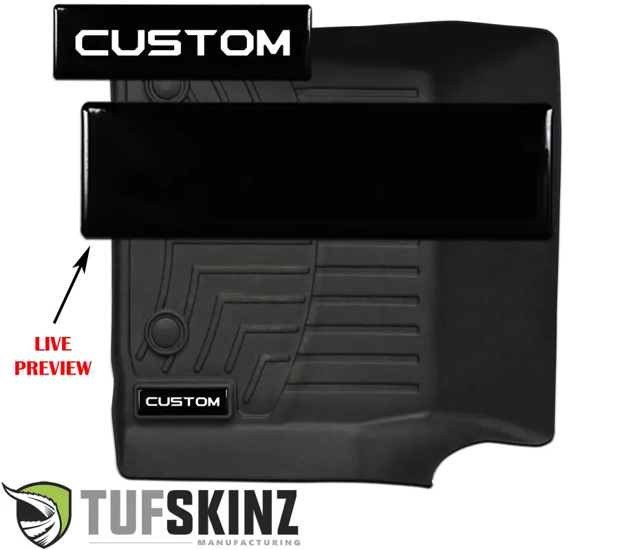 Customizable gloss black badge inserts for WeatherTech floor mats, offering a live preview of personalized text options.