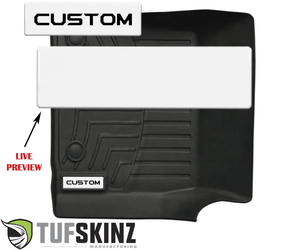 Customizable white badge inserts for WeatherTech floor mats, featuring a live preview for personalized text options.