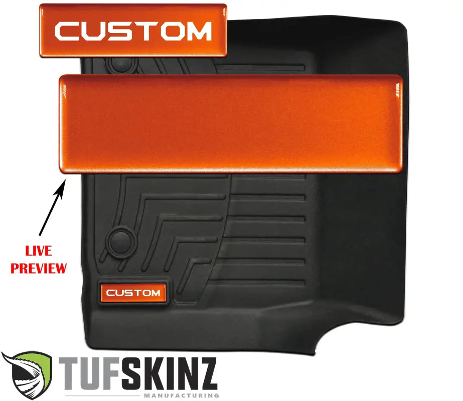 Customizable orange badge inserts for WeatherTech floor mats, featuring a live preview for personalized text options.
