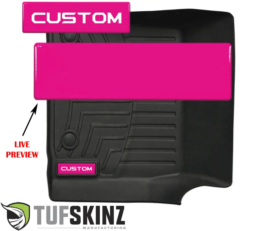 Customizable hot pink badge inserts for WeatherTech floor mats, offering a live preview for personalized text options.