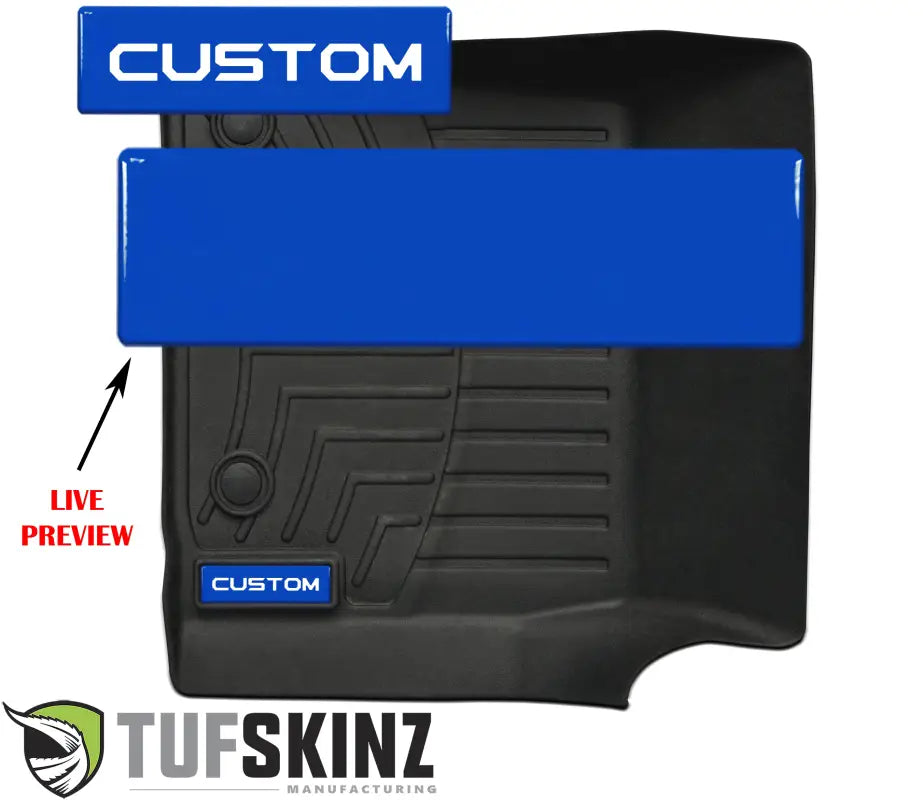 Customizable royal blue badge inserts for WeatherTech floor mats, offering a live preview for personalized text options.