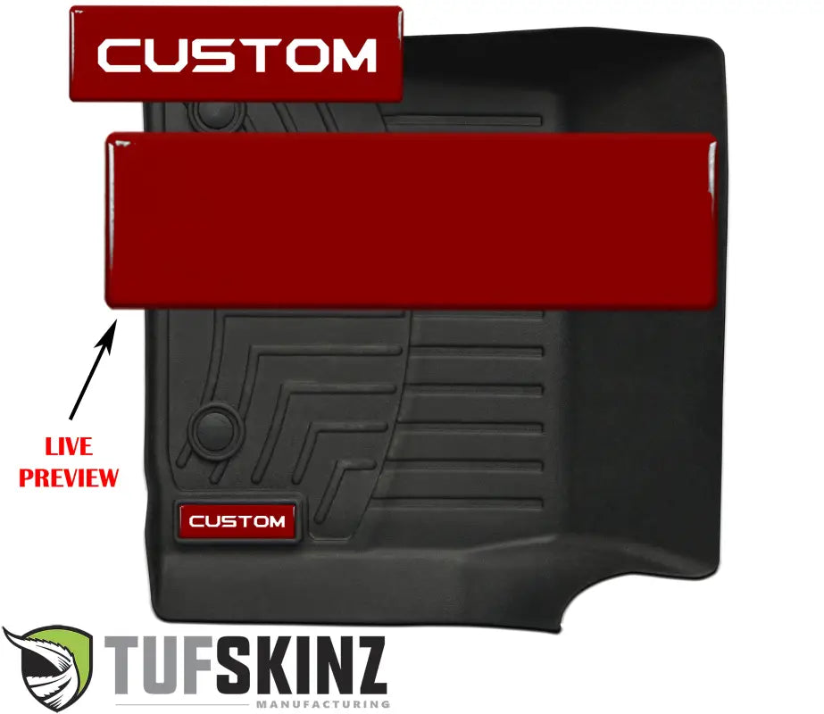 Customizable dark red badge inserts for WeatherTech floor mats, offering a live preview for personalized text options.
