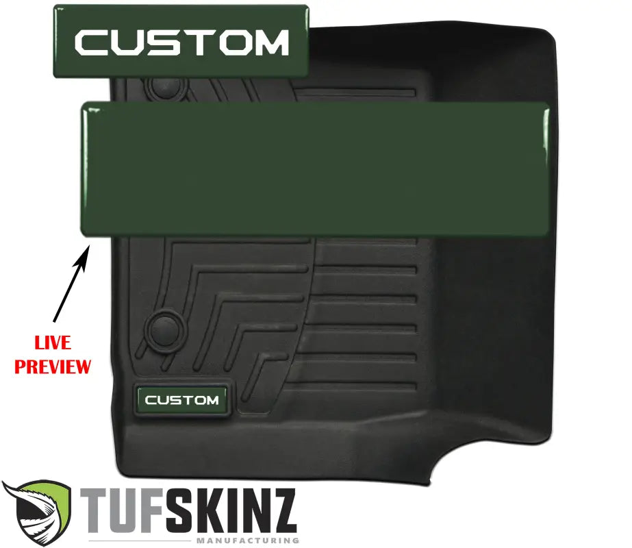 Customizable green badge inserts for WeatherTech floor mats, featuring a live preview for personalized text options.