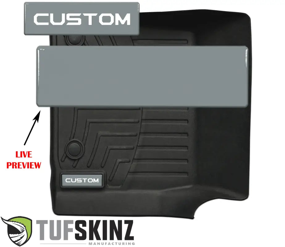 Customizable gray badge inserts for WeatherTech floor mats, featuring a live preview for personalized text options.