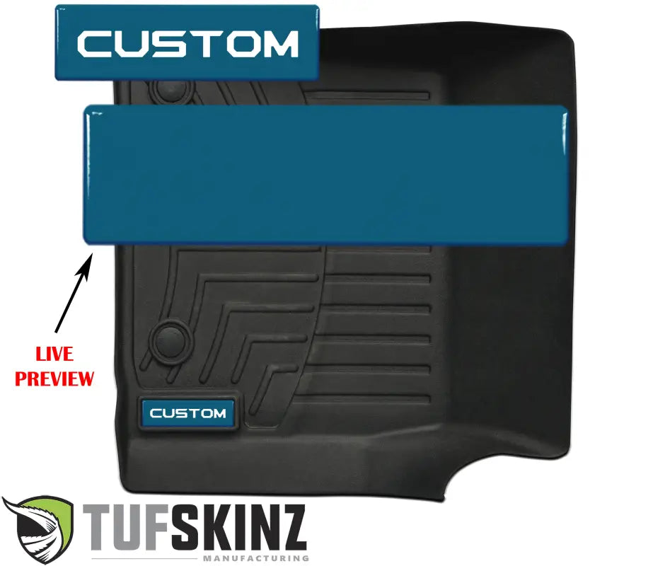 Customizable blue badge inserts for WeatherTech floor mats, featuring a live preview for personalized text options.