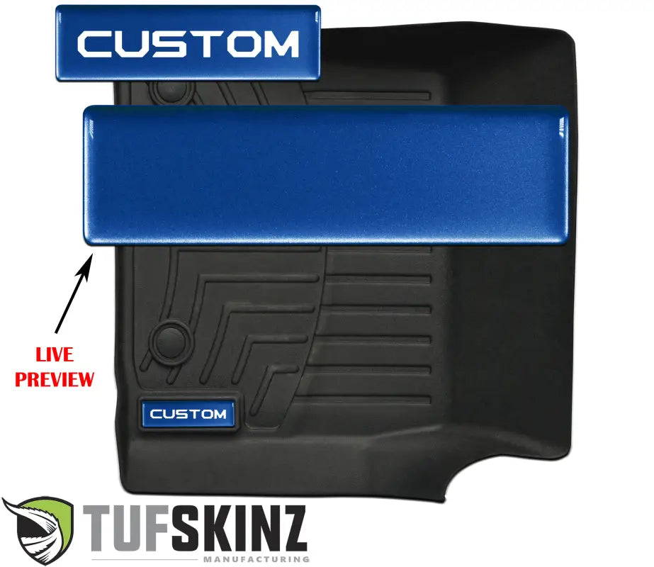 Customizable metallic blue badge inserts for WeatherTech floor mats, offering a live preview for personalized text options.