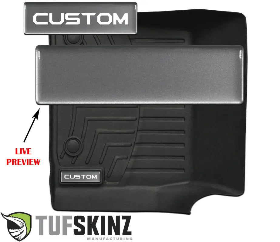 Customizable silver badge inserts for WeatherTech floor mats, offering a live preview for personalized text options.