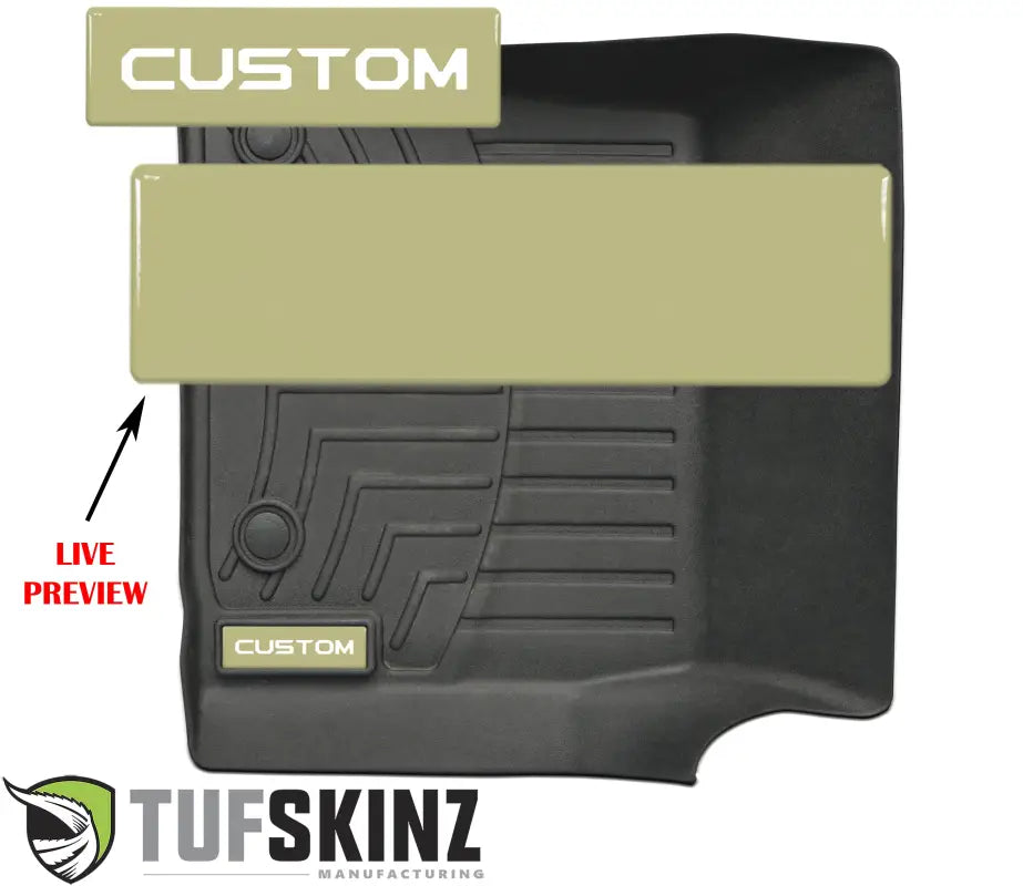Customizable beige badge inserts for WeatherTech floor mats, offering a live preview for personalized text options.