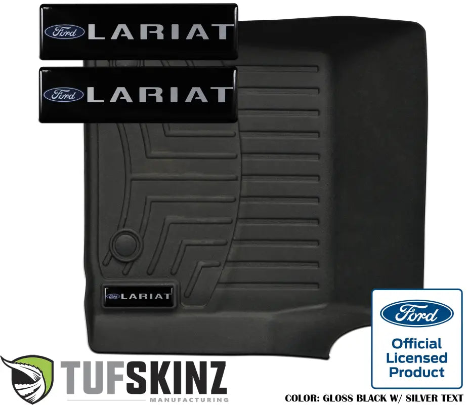 Gloss black badge inserts with silver 'Lariat' text designed to fit WeatherTech floor mats, compatible with Ford Lariat models.