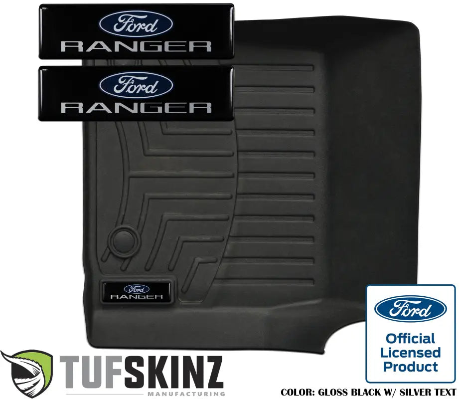 Gloss black badge inserts with silver 'Ranger' text tailored for WeatherTech floor mats, compatible with Ford Ranger models.