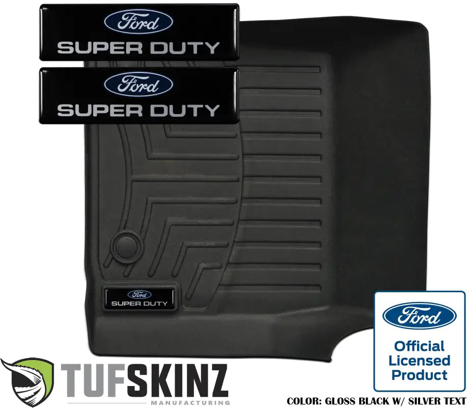 Gloss black badge inserts with silver 'Super Duty' text for WeatherTech floor mats, featuring Ford official licensed product branding.