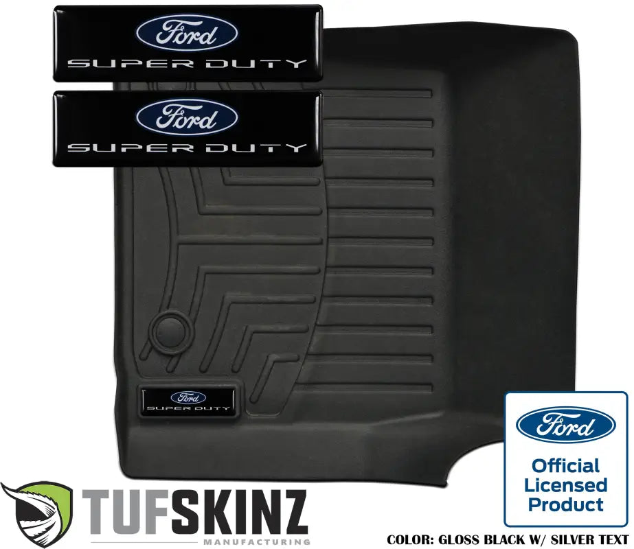 Gloss black badge inserts with silver 'Super Duty' text for WeatherTech floor mats, featuring Ford official licensed product branding.