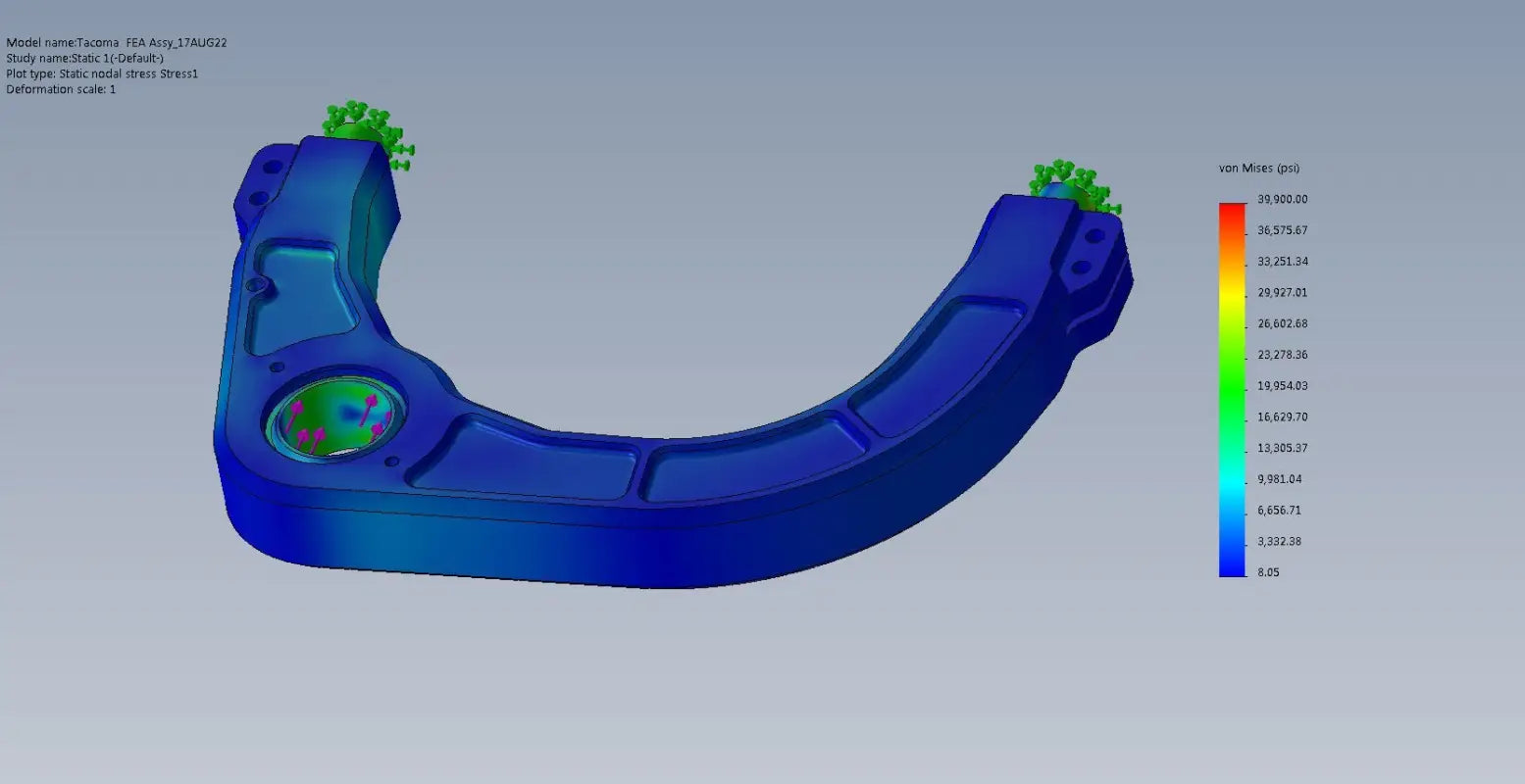Stress analysis of a kevlar reinforced U-shaped Billet Uniball UCA for 2024+ Tacoma, GX550, Landcruiser