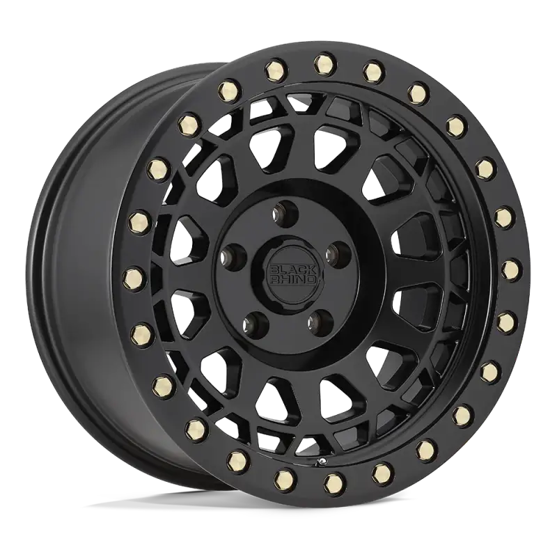 Black Rhino PRIMM wheel in matte black finish with gold rivets, featuring a concave design and multi-spoke pattern for trucks and SUVs.