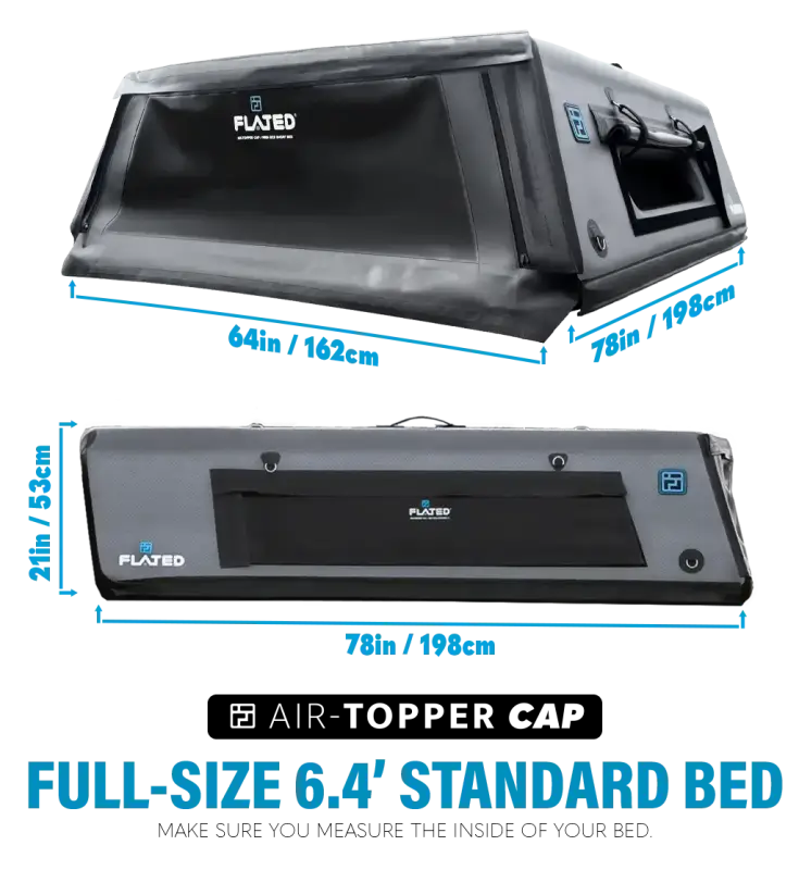 CAP Full-Size 6.4' Bed truck shell shown in a folded and unfolded view, emphasizing its compact storage and versatile functionality.
