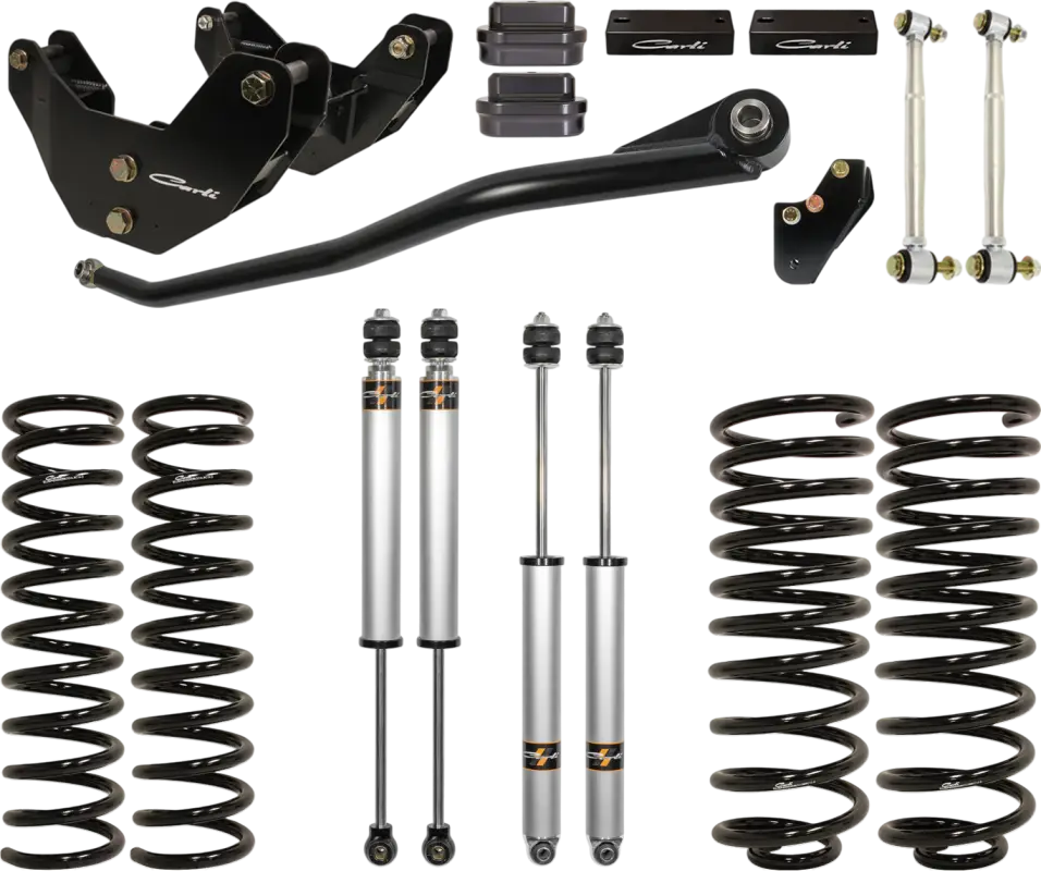 Complete Carli Suspension Commuter 2.0 3.25-inch lift system for 2014+ Dodge Ram 2500 Diesel, featuring shocks, springs, and hardware.