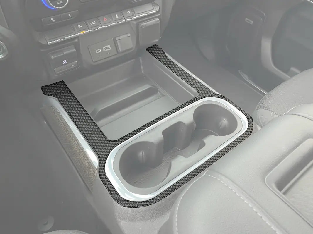 Carbon fiber center console accent overlay for Chevrolet Silverado 2019-2021