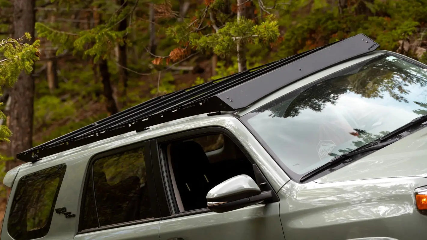 Angled view of Crestone Sport Roof Rack installed on a 4Runner, showcasing its aerodynamic and durable all-aluminum design.