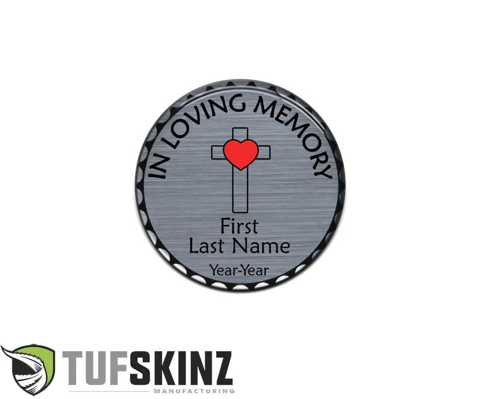 Custom rated badge featuring memorial coin with cross and heart for Jeep accessories