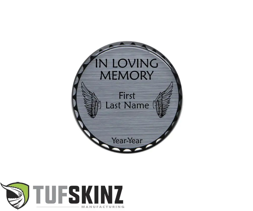 Memorial coin with wings on custom rated badge for Jeep vehicle personalization