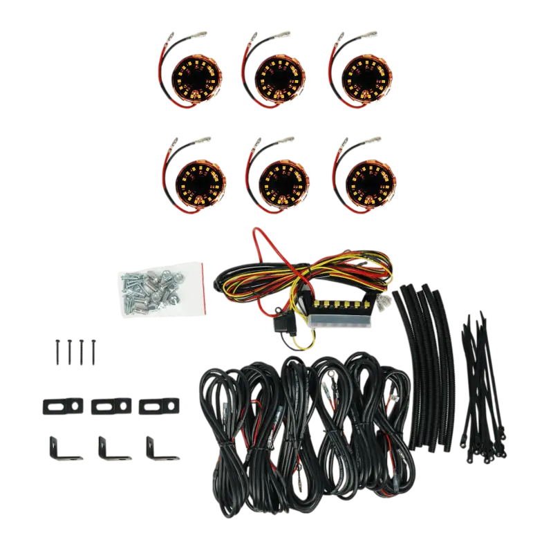 Cyclone V2 LED 6-light rock system with amber lenses, 5W flood beam, wiring, mounting hardware, and accessories for off-road vehicles.