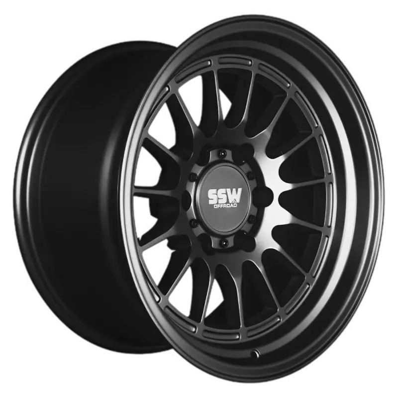 Side profile of DAKAR matte black wheel by SSW, 17x9.0 -25 size, showcasing its deep concave design and durable off-road construction.