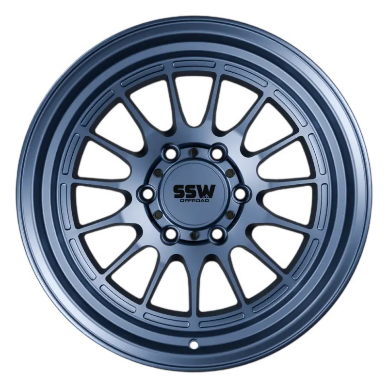 DAKAR 17x9.0 matte blue wheel with a -25 offset, featuring a multi-spoke design and SSW Off-Road branding. Ideal for off-road vehicles with a 2500lb load capacity and 106.1mm center bore.