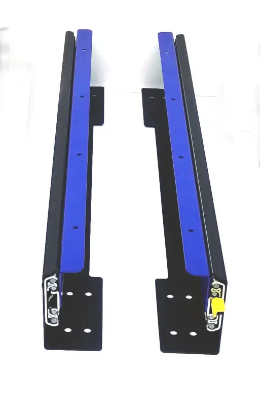 Two DIY slide rails with black and blue finish, designed for heavy-duty applications with customizable height options.