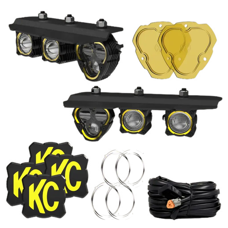 FLEX ERA Fog Pocket Kit for 2021+ Ford Bronco featuring fog lights, yellow lenses, mounting brackets, wiring harness, and KC decals.