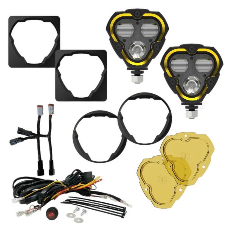 FLEX ERA® 3 Dual Mode SAE Fog Lights master kit with clear and yellow lenses, wiring harness, and mounting brackets for Jeep aftermarket bumpers.