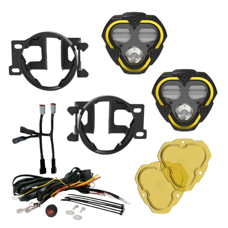 FLEX ERA 3 fog lights kit for Toyota Tacoma, 4Runner, and Tundra with dual mode clear and yellow lenses, mounting brackets, and wiring harness.