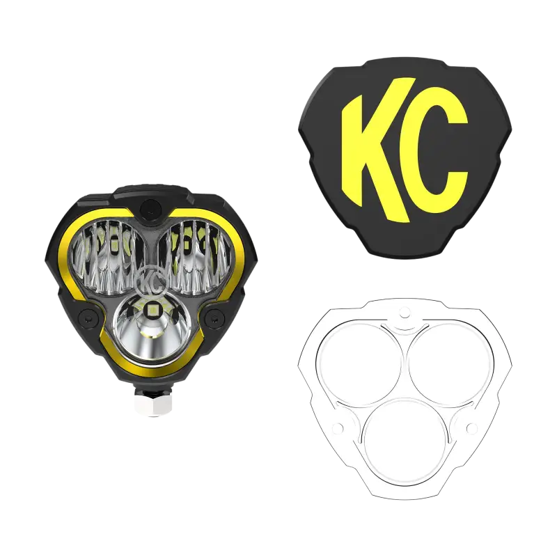 FLEX ERA® 3 LED light pod with amber accents, featuring a compact triangular design and KC logo cover for off-road lighting.