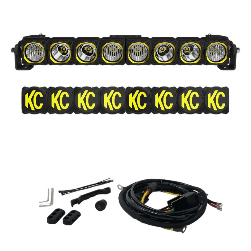 FLEX ERA 20-inch LED light bar master kit featuring customizable high-output lights, combo/spot lenses, KC logo covers, and wiring kit.