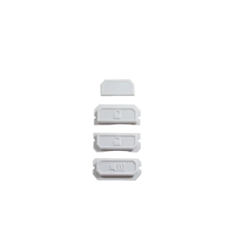 FlipFob Tacoma Button Pack in white, including LOCK, UNLOCK, PANIC buttons and a blank top insert. Designed for Tacoma Flip Fobs, 4-pack.