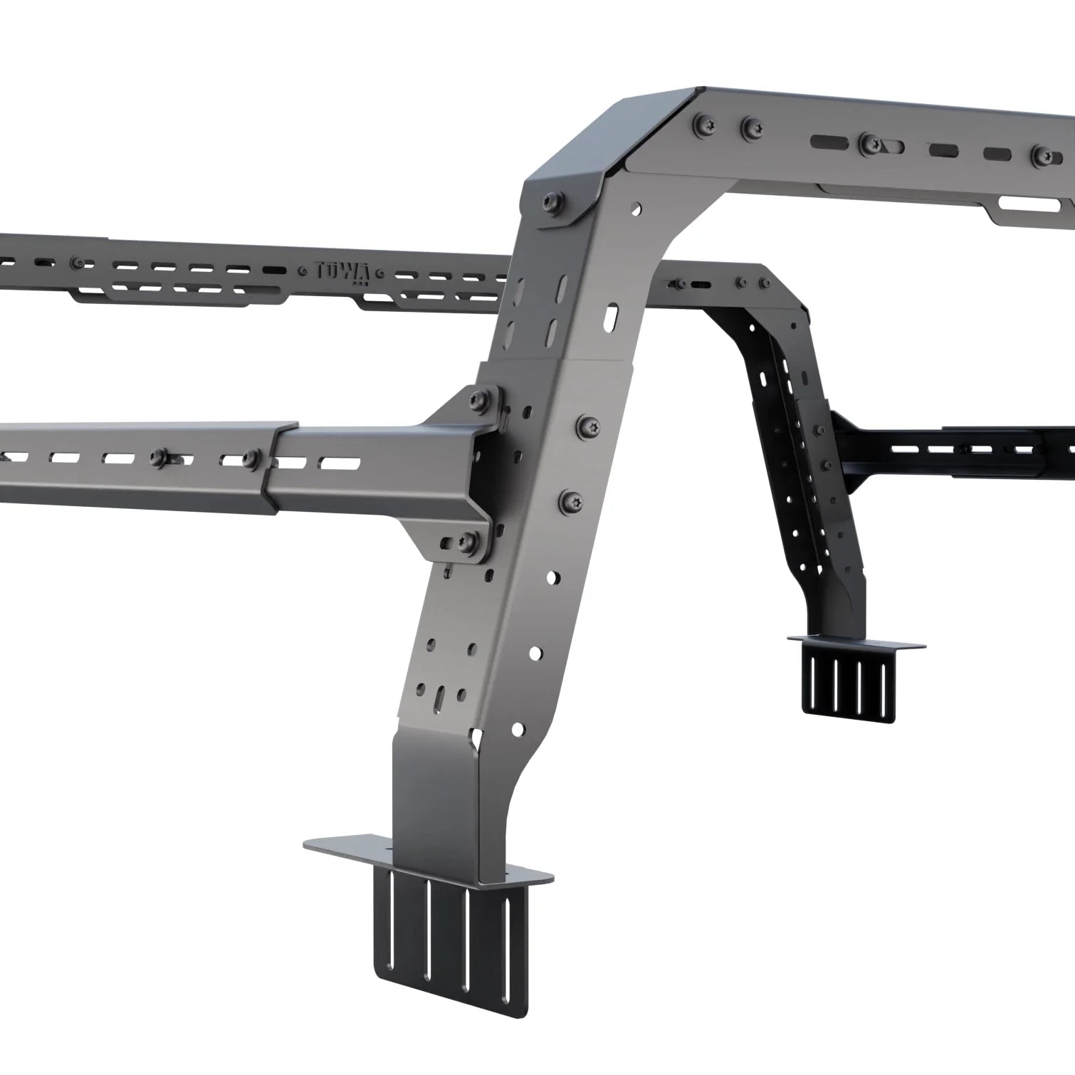 Detailed view of Shiprock Bed Rack's adjustable height and robust mounting brackets, ideal for enhancing cargo capacity on Ford Ranger.