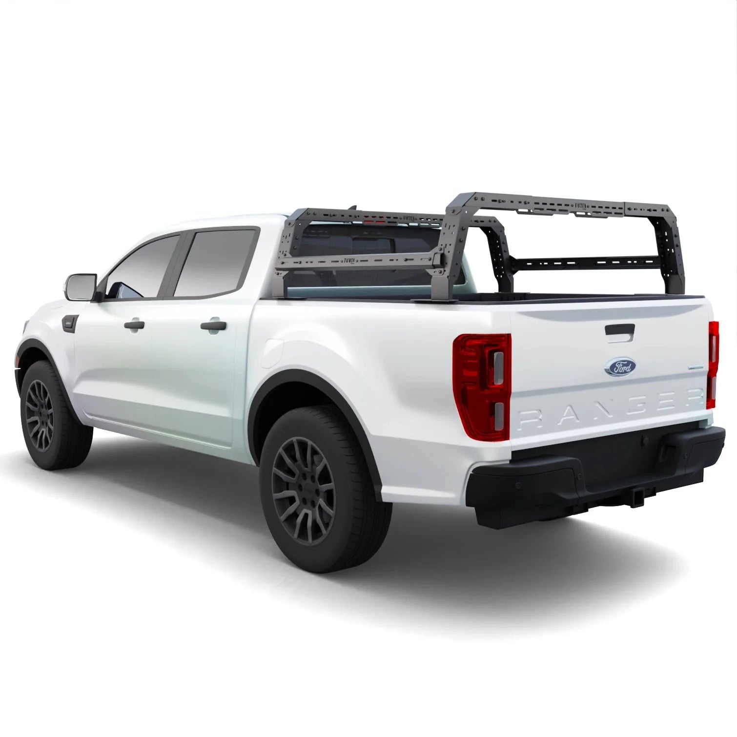 Side view of Ford Ranger equipped with Shiprock Adjustable Bed Rack, highlighting its sleek design and 800 lbs static load capacity.