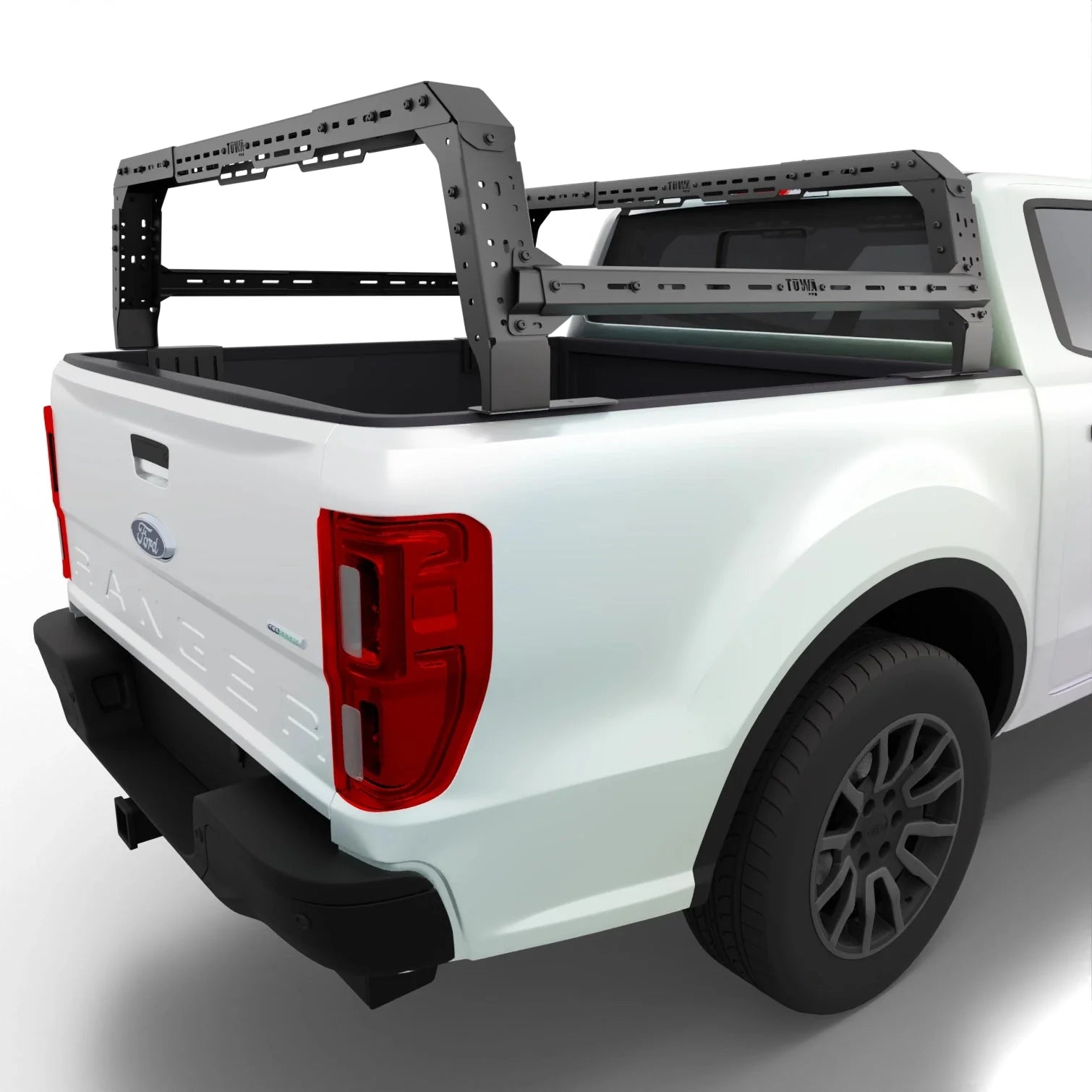 Ford Ranger with Shiprock Height Adjustable Bed Rack installed, showcasing durable steel construction and compatibility with tonneau covers.