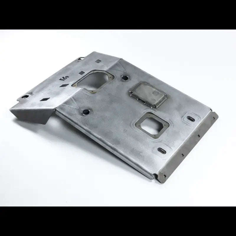 Bare steel Tacoma front skid plate with CNC precision, bolt-on design, and oil change access, compatible with 2005+ Toyota models.