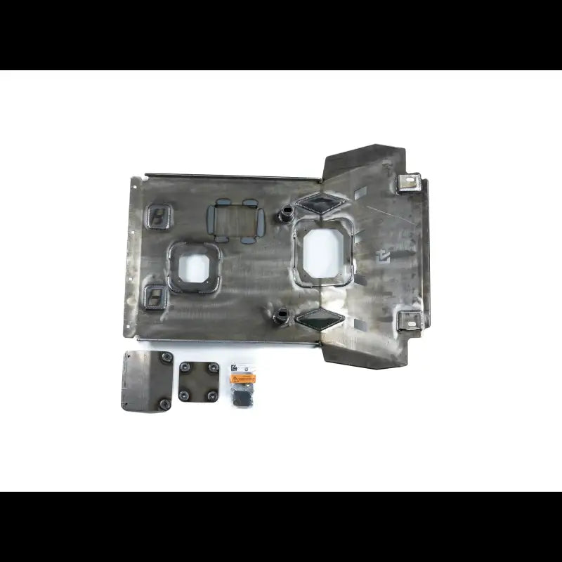 Complete Tacoma front skid plate kit in bare steel with mounting hardware, designed for 2005+ Toyota models with CNC precision.