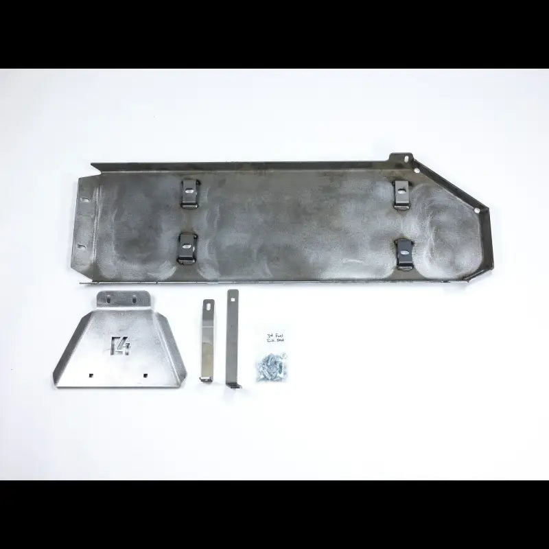 Complete Tacoma fuel tank skid plate kit for 2005-2015 models, includes steel plate, mounting brackets, and hardware.