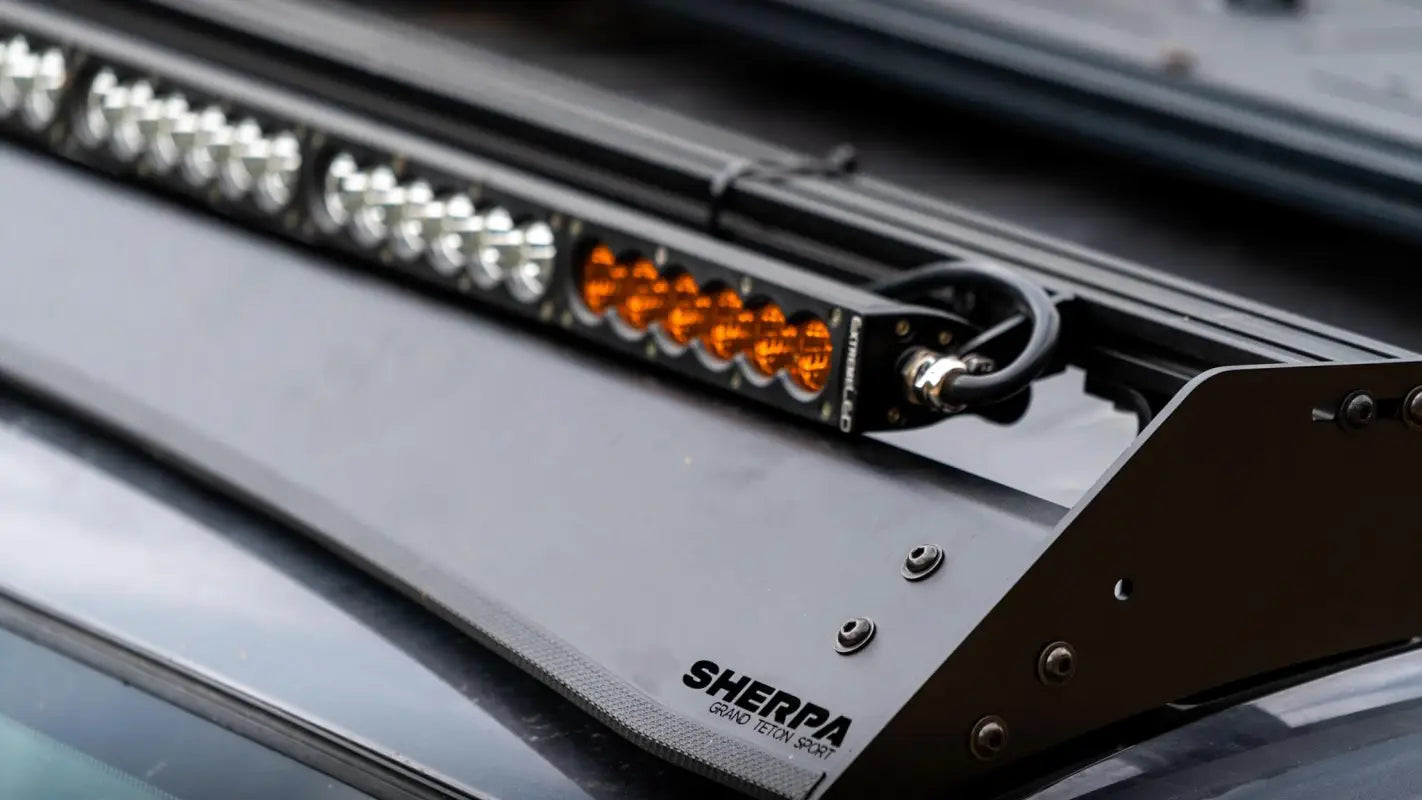 Roof-mounted LED light bar on Grand Teton Sport roof rack for 05-23 Tacoma Double Cab